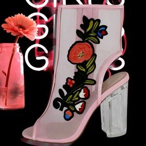 Y2K Open Toe Mesh Ankle Booties Embroidered Floral Block Clear High Heel